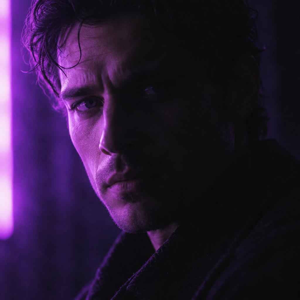 Portrait néon violet, format carré 1:1